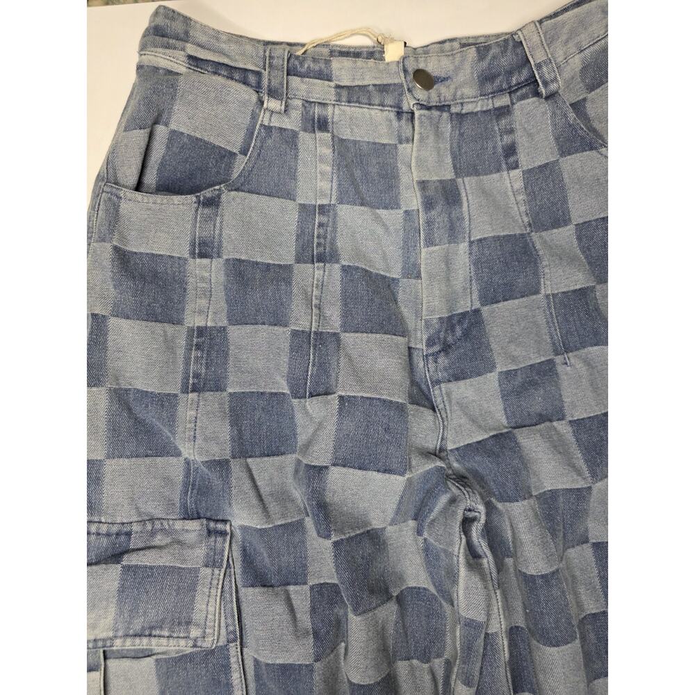 BiBi Wide Leg Jeans Womens Small Blue Light Wash High Rise Checkered Cargo Crop - Picture 7 of 13